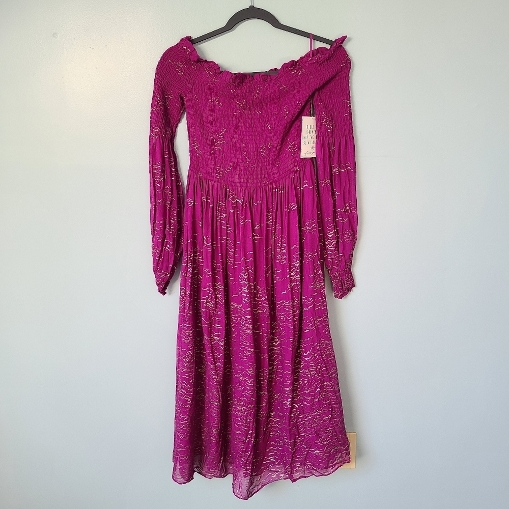 Free People Purple Foiled Smocked Midi Dress - Picture 3 of 5